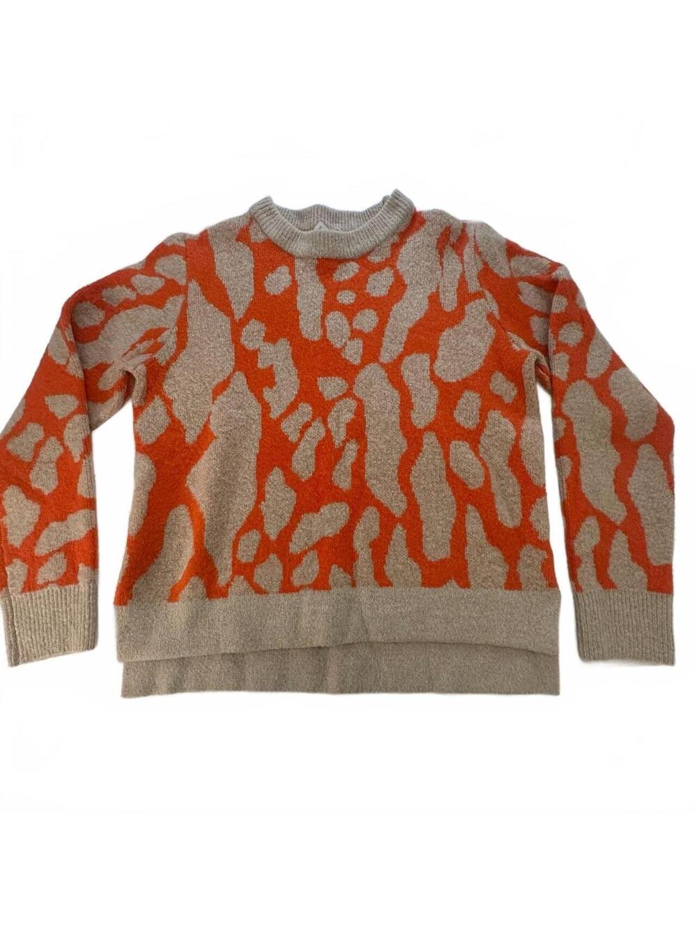 THML Women's Long Sleeve Crew Neck Leopard Print Jacquard Knit Sweater